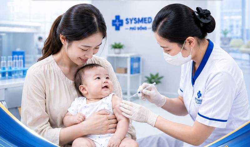 Điều dưỡng tiêm vắc-xin cho em bé trong vòng tay mẹ